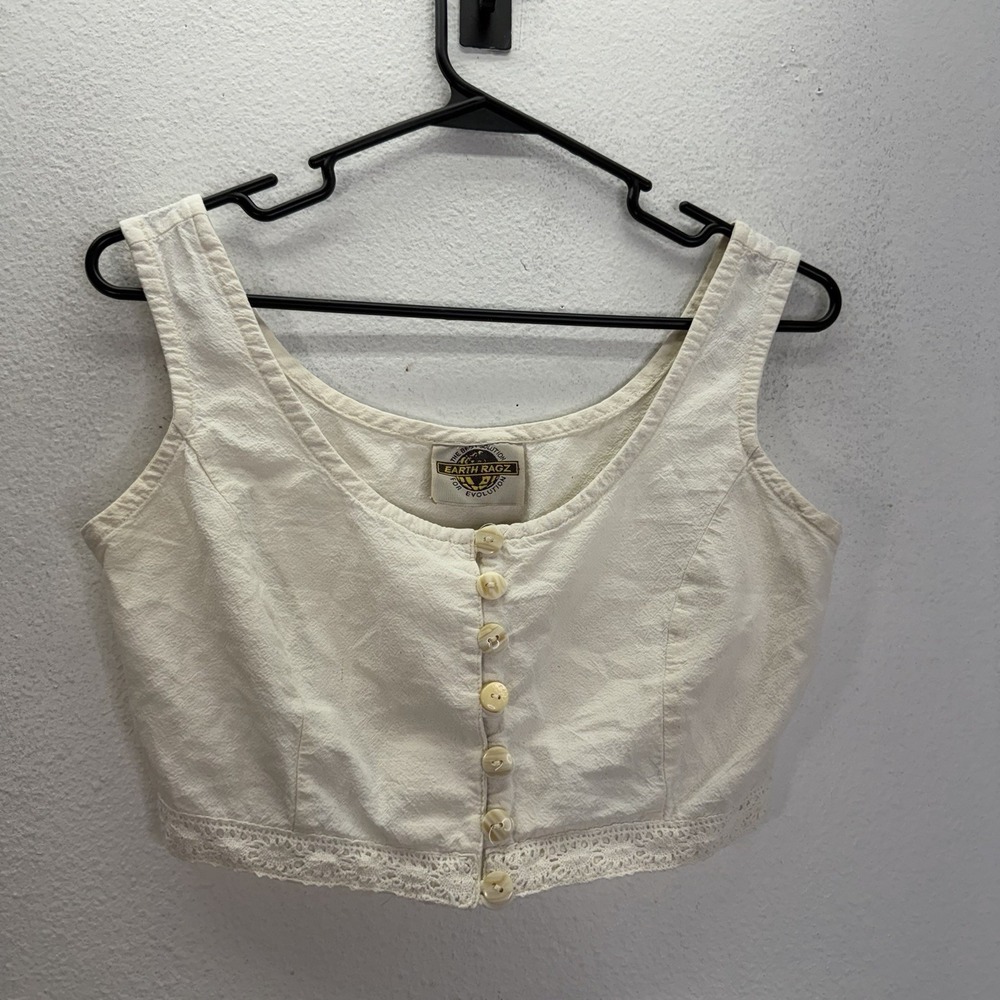 Earth Ragz Cream Peasant Crop Top Boho Milkmaid Cottagecore Hippie Fairy SZ M